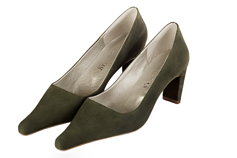 Khaki green women's dress pumps,with a square neckline. Pointed toe. Medium comma heels. Front view - Florence KOOIJMAN